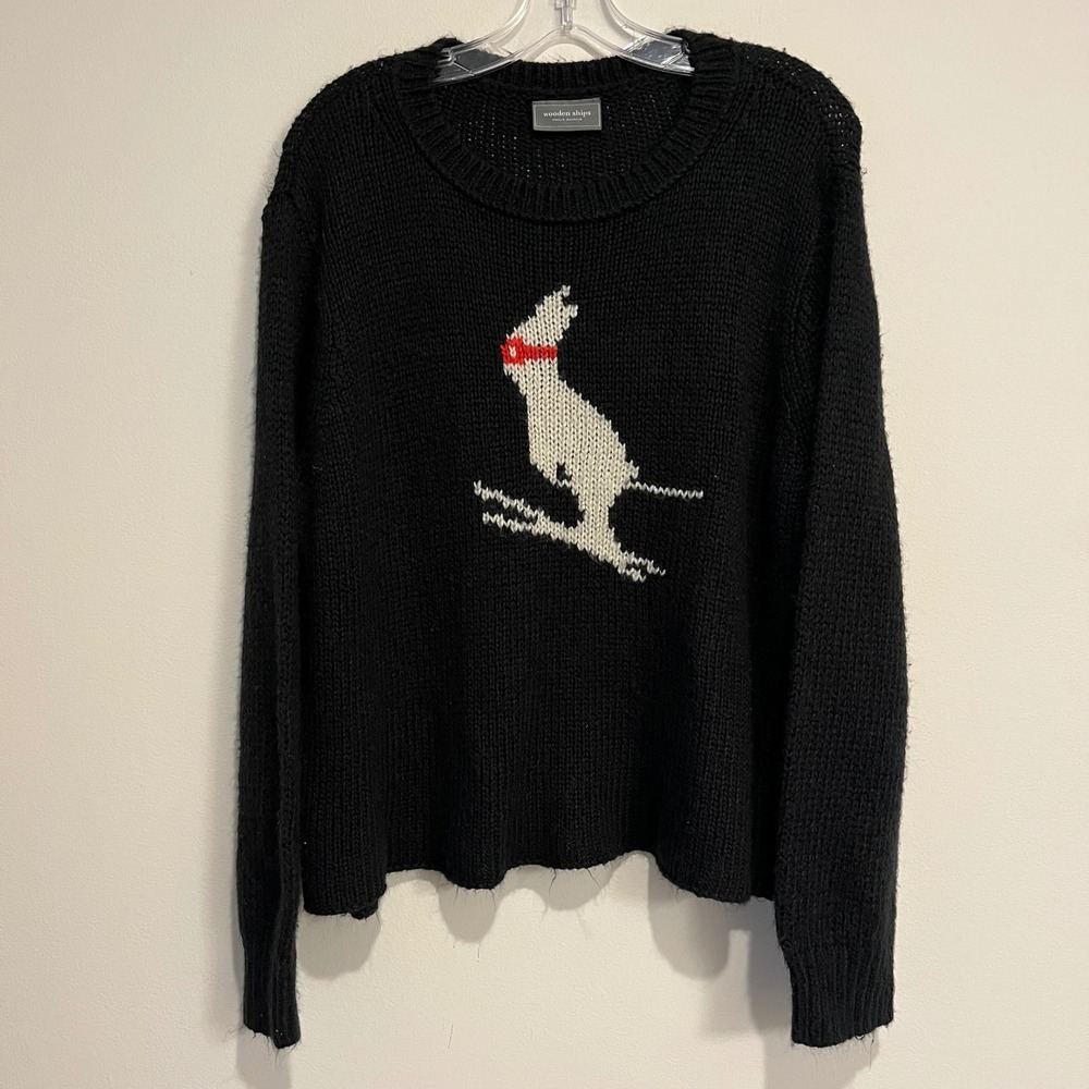 Wooden Ships Sweater Black Ski Bunny Rabbit Graphic Mohair Wool Blend Size M/L